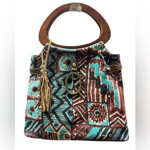 Vintage Guess teal & brown Boho handbag with Rosewood handles. Rare & beautiful